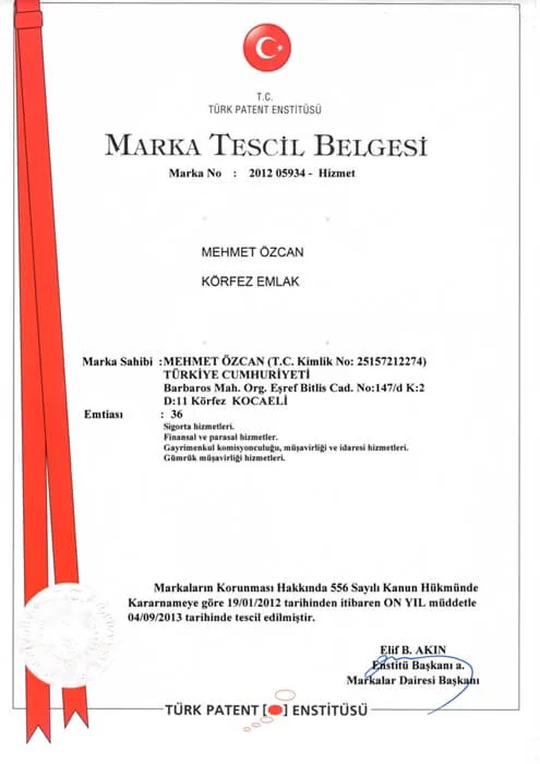 Körfez Emlak marka tescil belgesi